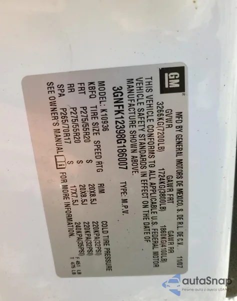 2008 Chevrolet Avalanche K1500 from USA, damaged, VIN 3GNFK12398G186007